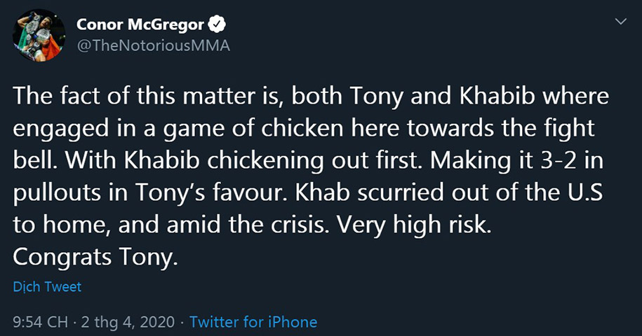 Conor châm chọc “cặp đấu của những chú gà” giữa Khabib và Tony Ferguson